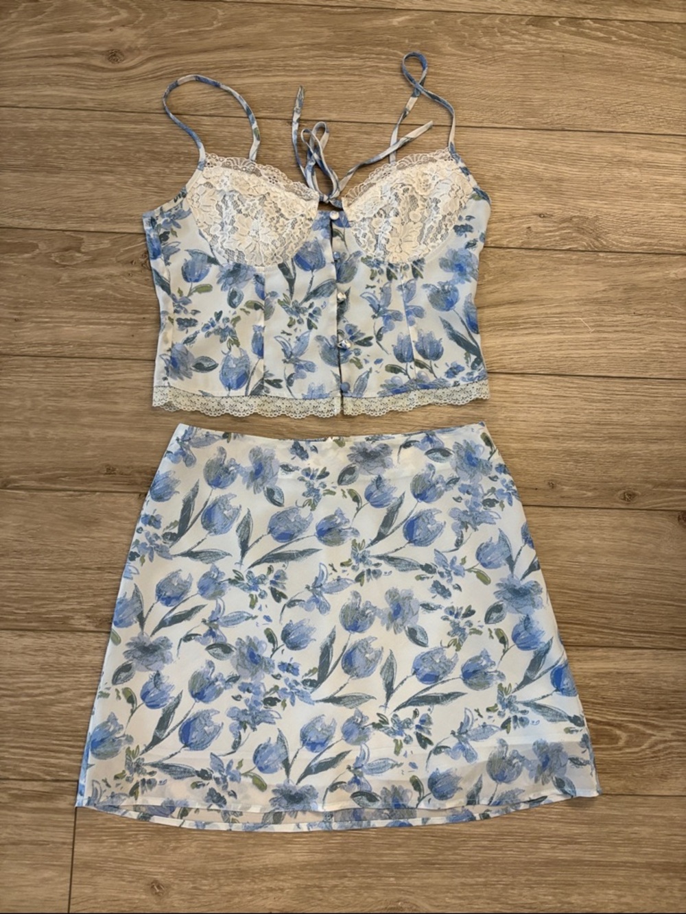 Blue Floral Lace Cami & Skirt Set